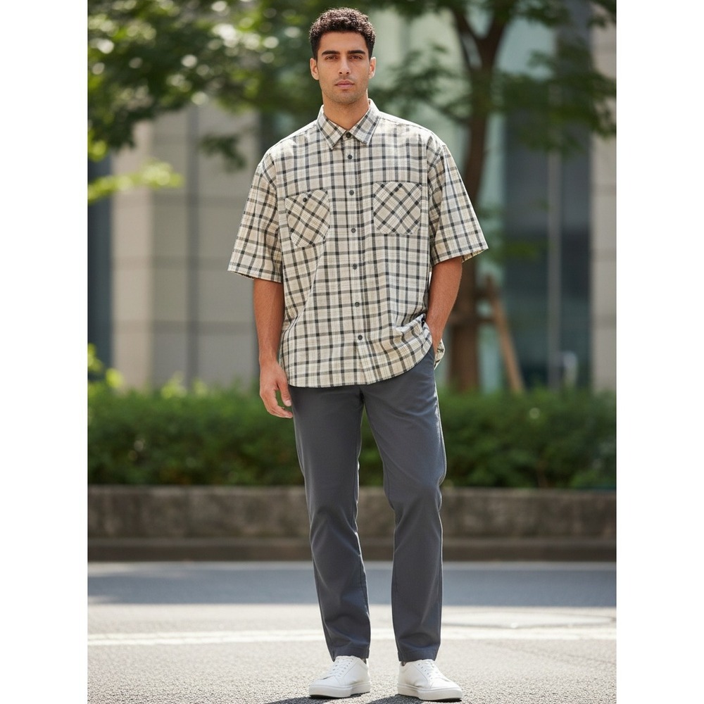 Carhartt Plaid Shirt 3XL Tall Tan Blue Short Sleeve Cotton Workwear Button Up‎